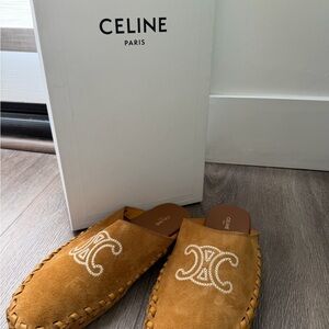 Celine Men’s Brown Suede Logo Slip-On Mules